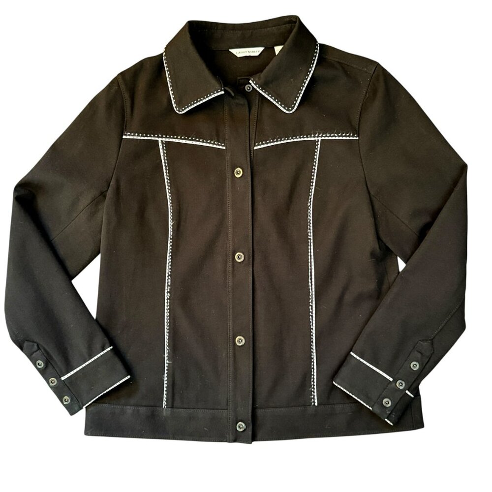 Vintage inspired Laura Ashley Western Snap Front Black Shirt Jacket (Small)